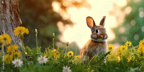 Rabbit with Nature Background - Wallpaper with Rabbit and empty copy space for text - Cute Beautiful Bunny Backdrop created with Generative AI Technology