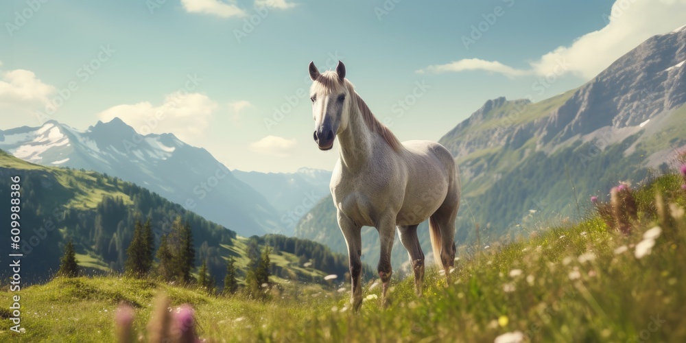 Horse with Nature Background - Wallpaper with Horse and empty copy space for text - Cute Beautiful Horse Backdrop created with Generative AI Technology