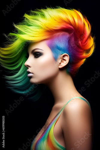 Woman with vibrant multicolour rainbow-inspired hairstyle; concept of LGBT pride, LGBTQ people, LGBTQ rights campaign. Created with Generative AI technology