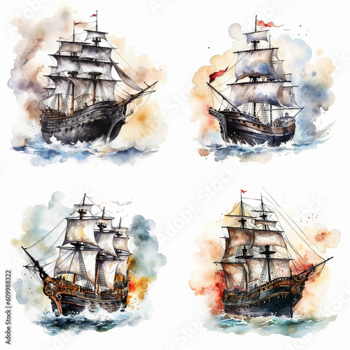 Valokuvatapetti Medieval Pirate sailing ship sailing on the waves of the sea, set of illustratio