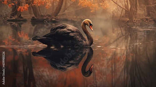 Fototapeta Naklejka Na Ścianę i Meble -  elegance black swan swim in nature pond, Generative Ai
