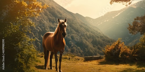 Horse with Nature Background - Wallpaper with Horse and empty copy space for text - Cute Beautiful Horse Backdrop created with Generative AI Technology
