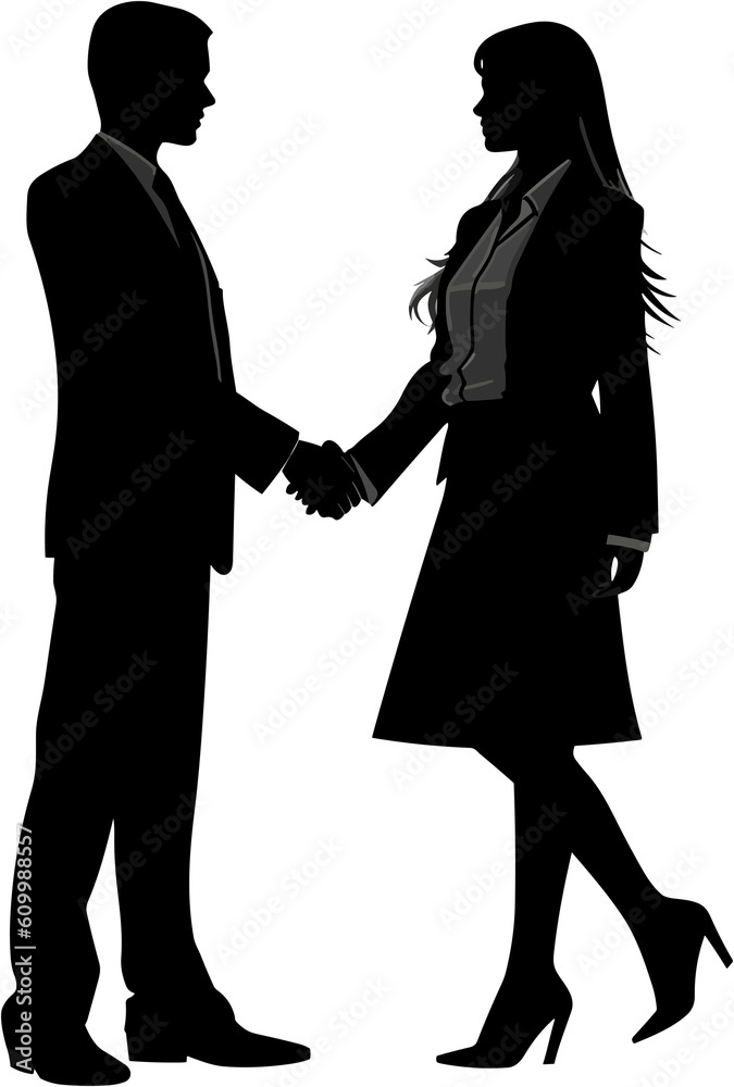 Business Man and Women Shaking Hands Silhouette isolated on white