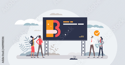 Advertisement and marketing with outdoor banners and ads tiny person concept. Advertising and promotion campaign for brand recognition and publicity vector illustration. Public urban medium promoting