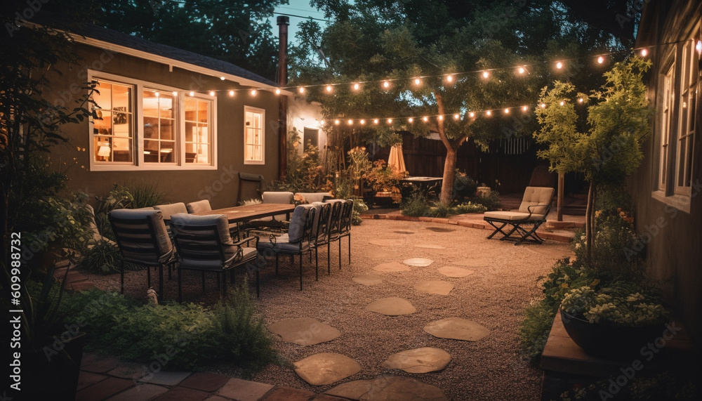 Rustic porch party illuminated by electric lamps and Christmas lights generated by AI