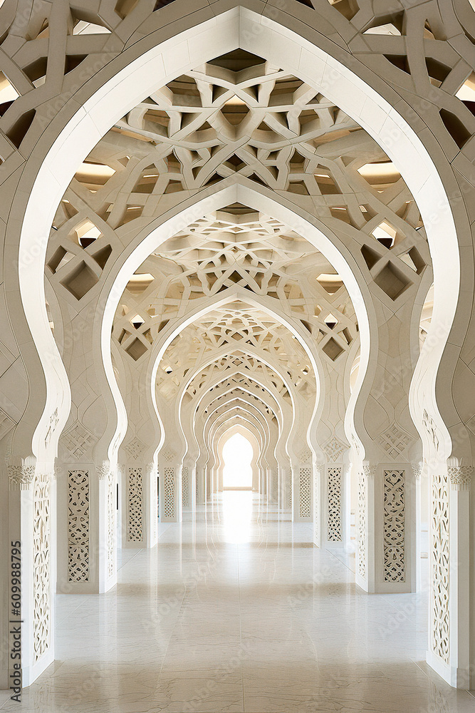 Majestic Arabesque: A Journey Through an Intricate Mosque Hallway, made with Generative AI