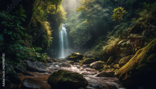 Tranquil scene of flowing water in a tropical rainforest ravine generated by AI