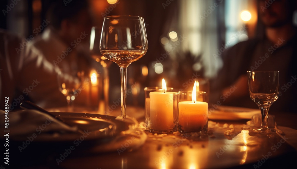 Romantic candlelit dinner party, wine and elegance illuminate celebration generated by AI