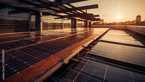 Sunlight reflects on modern architecture with solar panels in a row generated by AI