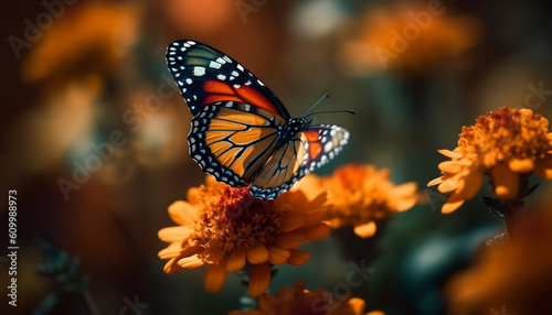 A tranquil scene of a multi colored butterfly pollinating a flower generated by AI © djvstock