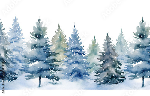 Watercolor winter landscape with fir trees. Hand painted vector illustration Generative AI