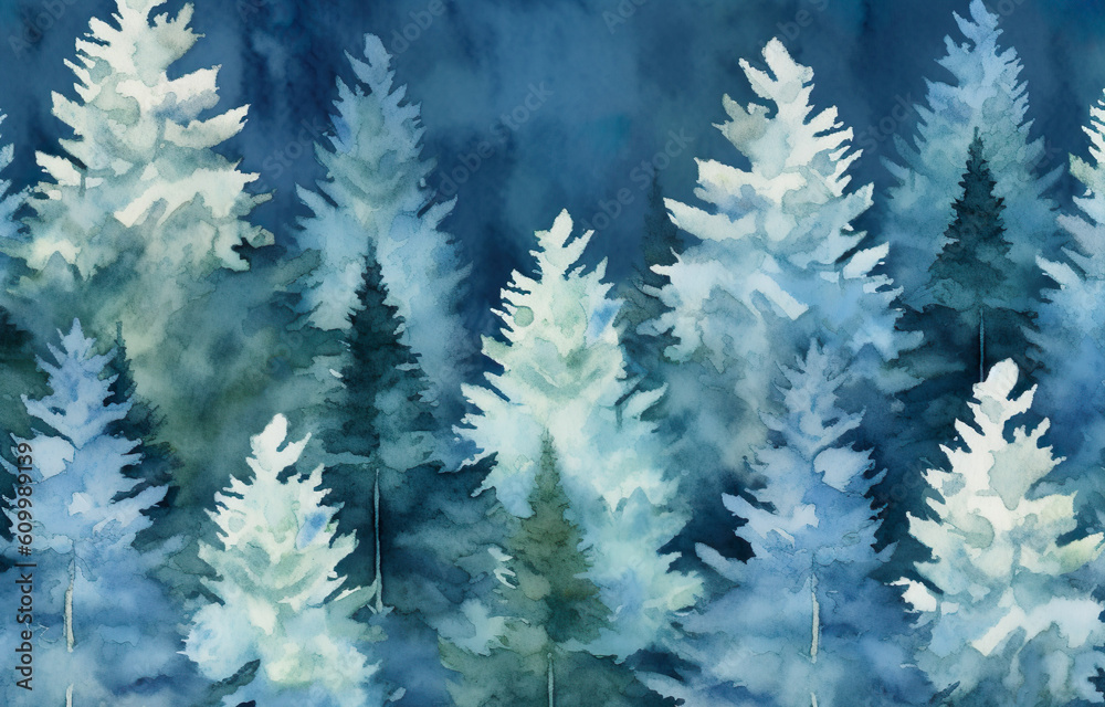 Obraz premium Watercolor winter landscape with fir trees and snowflakes. Watercolor illustration. Generative AI