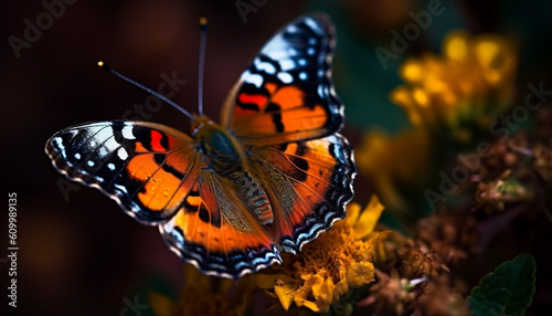 Vibrant spotted butterfly showcases natural beauty in tranquil tropical scene generated by AI