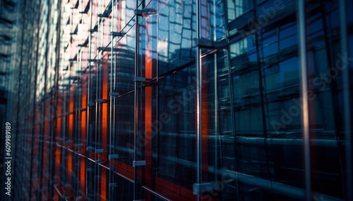 Abstract steel skyscraper reflects city life in bright blue night generated by AI