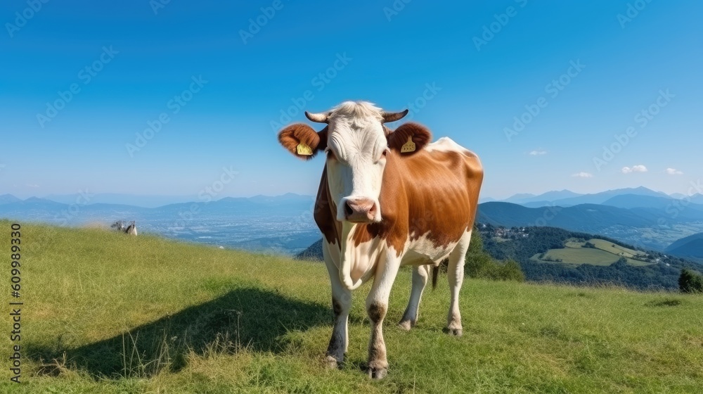 Cow with Nature Background - Wallpaper with Cow and empty copy space for text - Cute Beautiful Cow Backdrop created with Generative AI Technology
