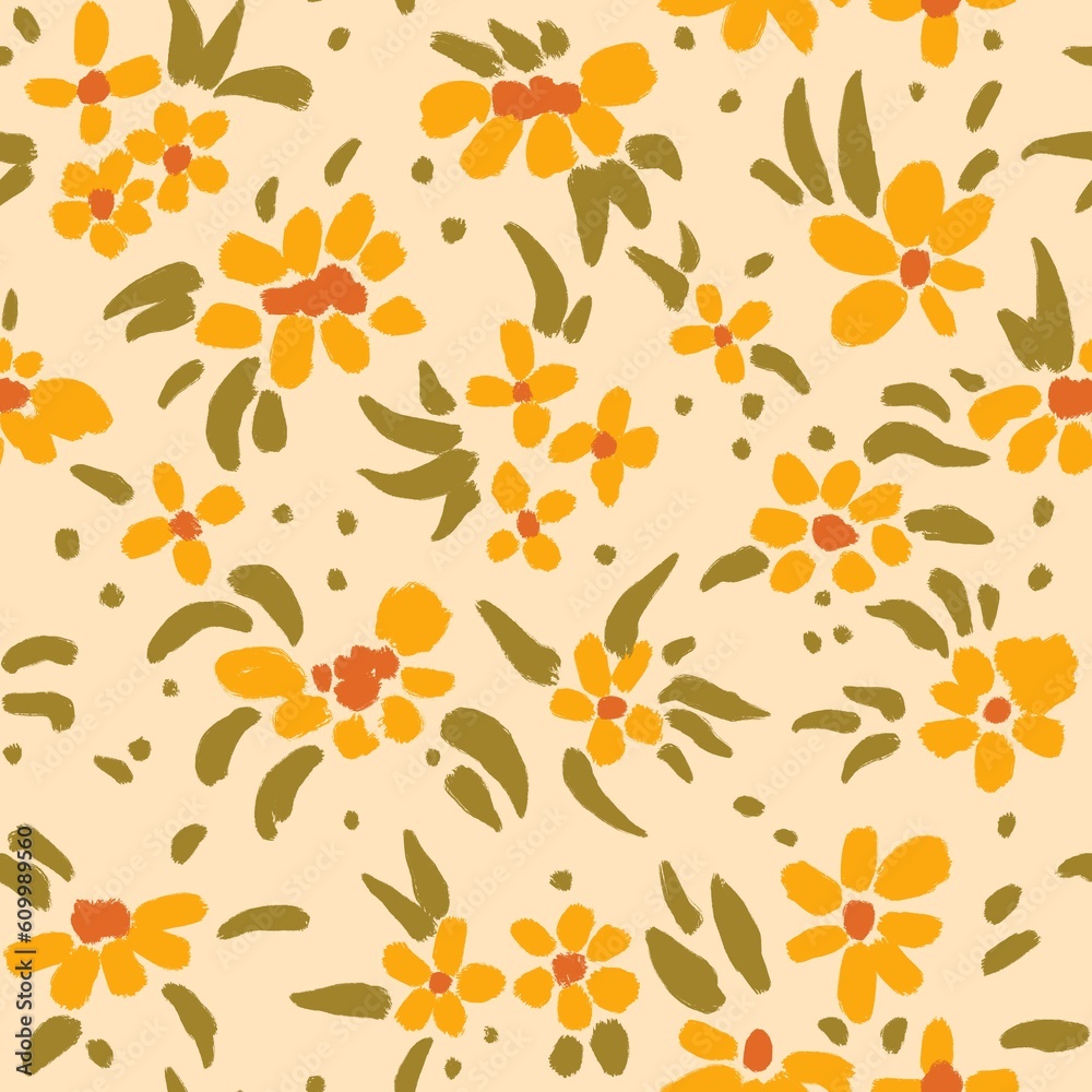 Hand drawn seamless pattern with pastel orange flower floral elements green leaves, ditsy summer spring botanical nature print, bloom blossom stylized petals.