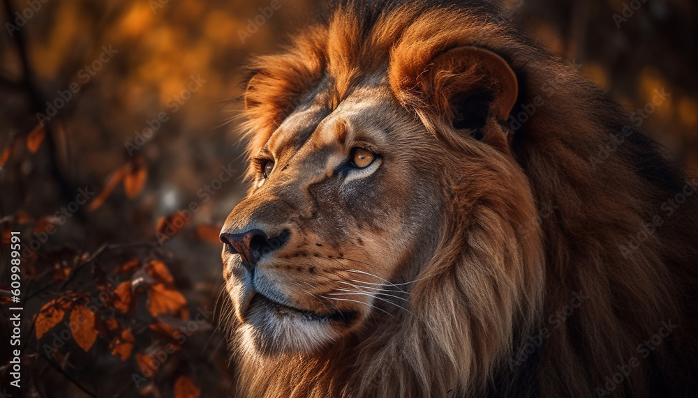 Majestic male lion, pride of the savannah, looking away confidently generated by AI