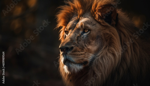 Majestic male lion staring with alertness in the wilderness area generated by AI