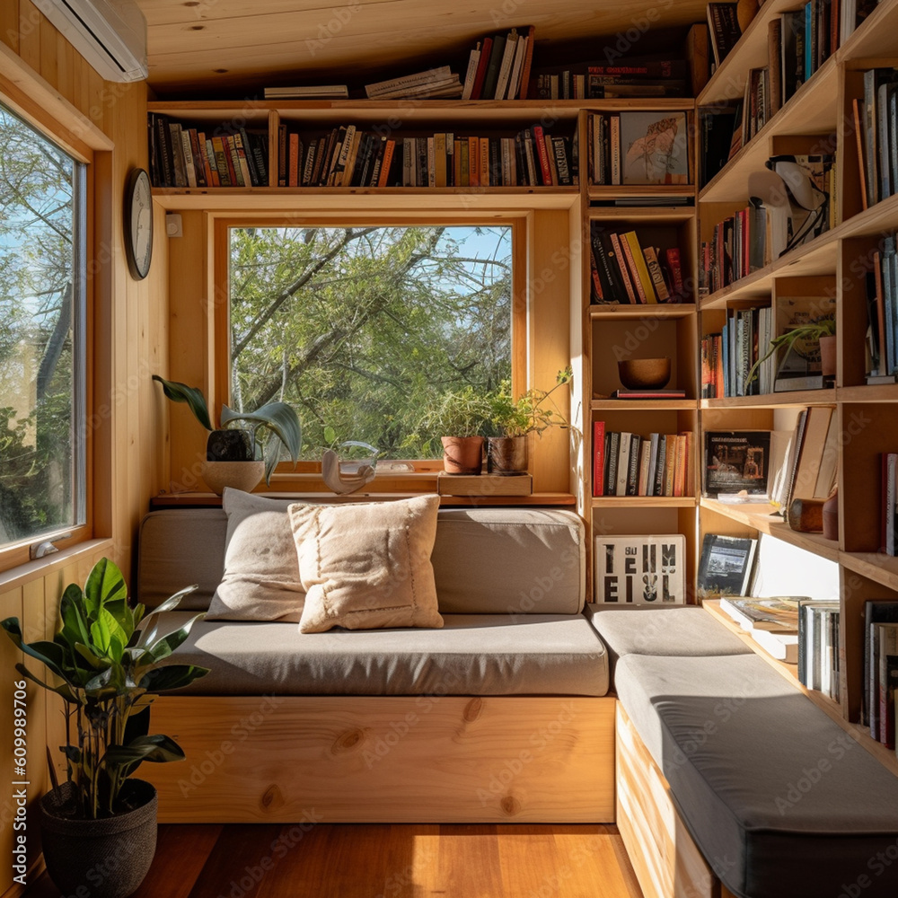 A mini library in the living room of a tiny house. Books are neatly arranged on a wooden book rack, a comfortable sofa for two people, and a white wall.
 - obrazy, fototapety, plakaty 