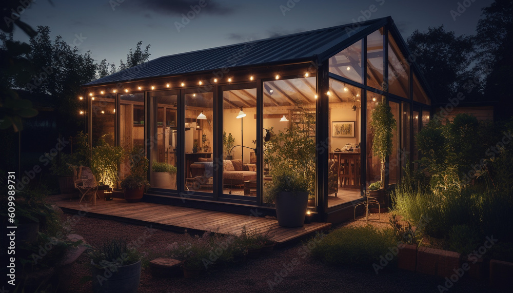 Luxury cottage illuminated by lanterns at dusk in rural scene generated by AI