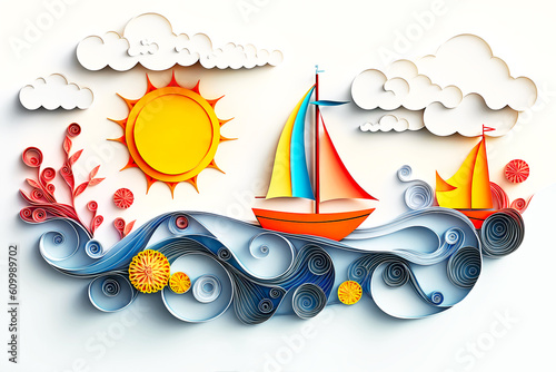 Paper quilling art. Blue sea  the boat is sailing  the sun is shining  clouds in the sky  copy space. Handmade  hobby. Children s DIY concept. Generative AI