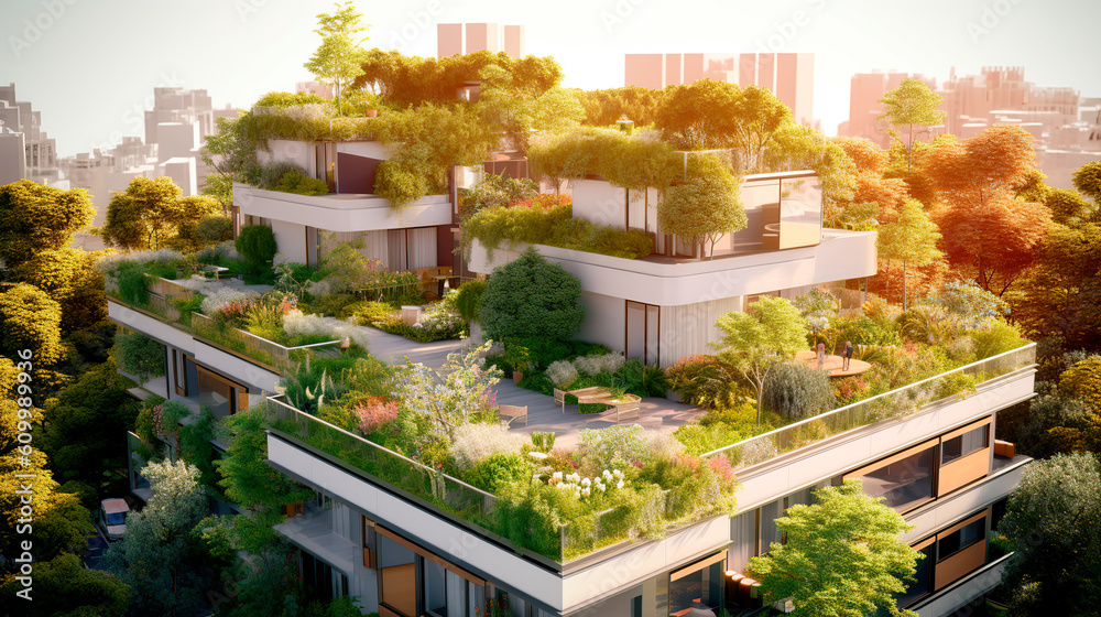 Modern residential district with green roof and balcony. Generative AI