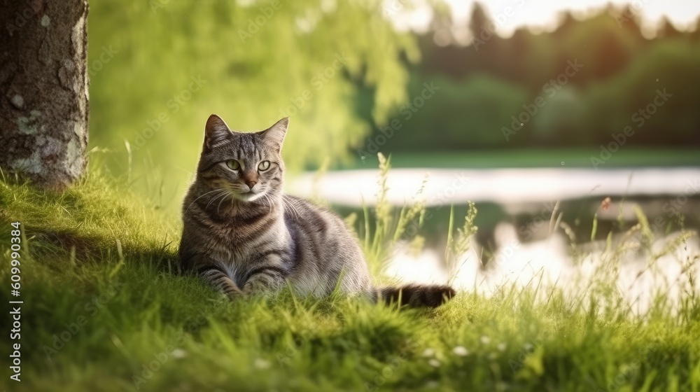Cat with Nature Background - Wallpaper with Cat and empty copy space for text - Cute Beautiful Cat Backdrop created with Generative AI Technology