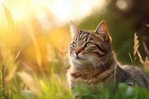 Cat with Nature Background - Wallpaper with Cat and empty copy space for text - Cute Beautiful Cat Backdrop created with Generative AI Technology