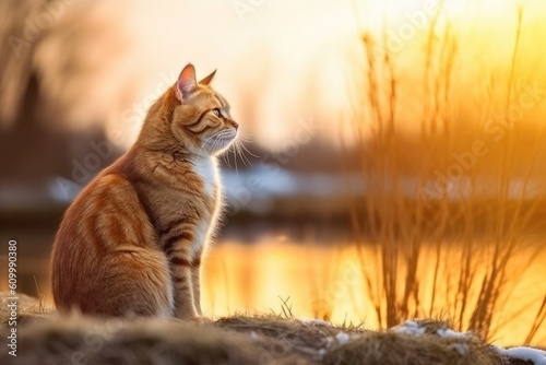Cat with Nature Background - Wallpaper with Cat and empty copy space for text - Cute Beautiful Cat Backdrop created with Generative AI Technology © Animals Creator