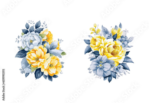 Watercolor yellow and blue flowers set , vintage vector