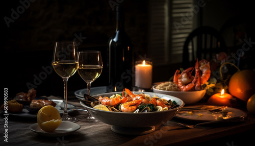 Gourmet meal with wine, seafood, and organic vegetables on table generated by AI