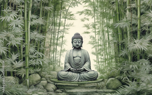 Buddha statue in the garden with bamboo background  vintage tone Generative AI