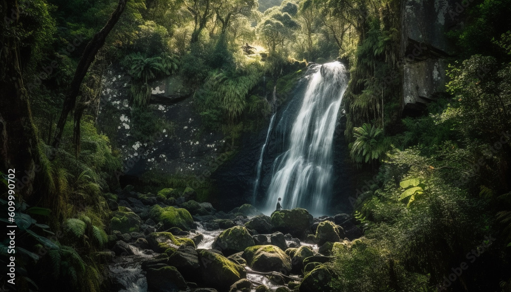 Tranquil tropical rainforest cliff, flowing water, green fern growth beauty generated by AI