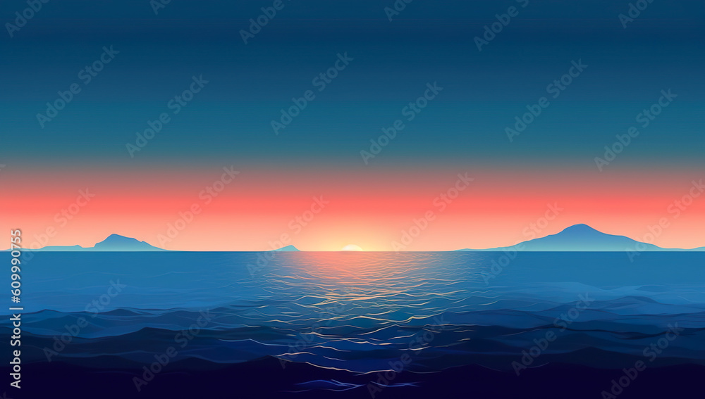 3D illustration of a sunset over the sea with mountains in the background Generative AI