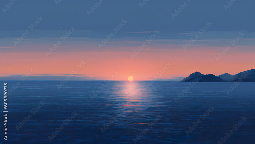 Sunset in the sea with islands in the background. Norway Generative AI