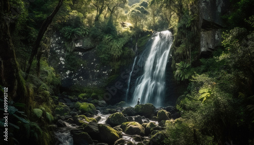 Tranquil tropical rainforest cliff  flowing water  green fern growth beauty generated by AI