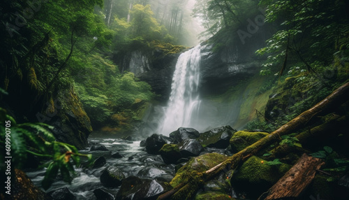 Tranquil scene of tropical rainforest  wet leaves  and flowing water generated by AI