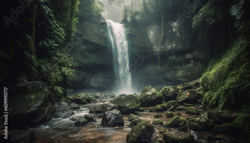Tranquil motion of flowing water in tropical rainforest beauty generated by AI