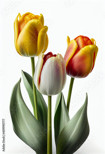 Several unopened tulips on a white background. AI Generated