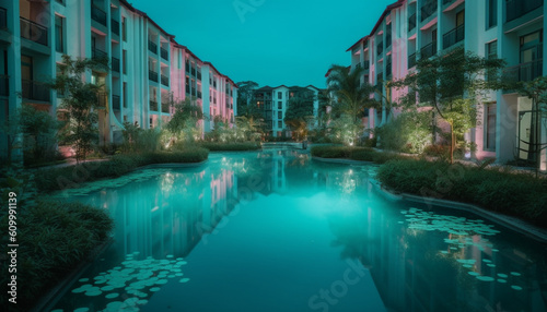 Green nature reflects in modern apartment pool, perfect for relaxation generated by AI