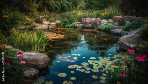Tranquil scene of multi colored flowers reflect in peaceful pond water generated by AI © djvstock