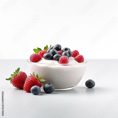 Yogurt with forest berries in bowl on white wooden table Generative AI