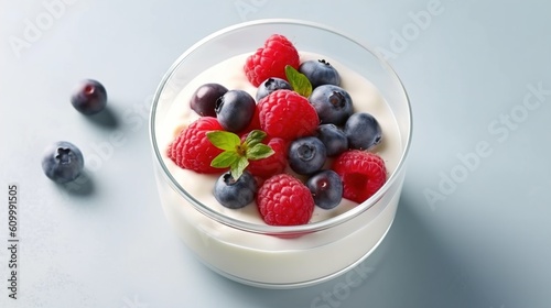Yogurt with forest berries in bowl on white wooden table Generative AI