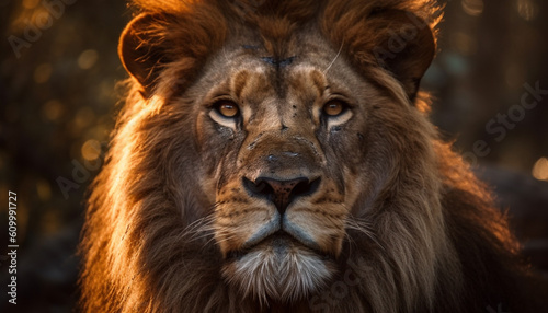 Majestic lioness staring at camera in African wilderness, fur glistening generated by AI