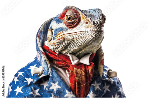 A charming chameleon holding a flag of usa on independence day on 4th of july isolated on white background  generative ai.