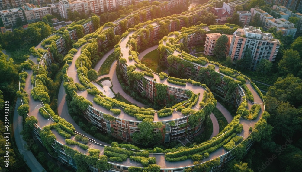 Fototapeta premium Modern city skyline with green trees and blue water patterns generated by AI