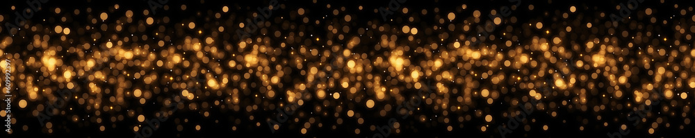 An abstract Christmas card or invitation Horizontal banner with gold sparkling lights on dark background. Fully seamless texture, bright bokeh defocused pattern, Generative AI