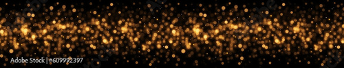 An abstract Christmas card or invitation Horizontal banner with gold sparkling lights on dark background. Fully seamless texture, bright bokeh defocused pattern, Generative AI