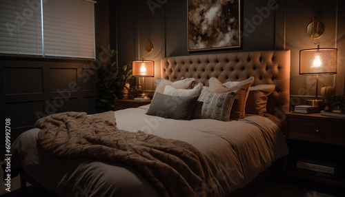 Cozy luxury hotel suite with modern bedding and elegant decor generated by AI