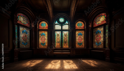 Fotografiet Inside the old Gothic chapel, stained glass illuminates ancient history generate